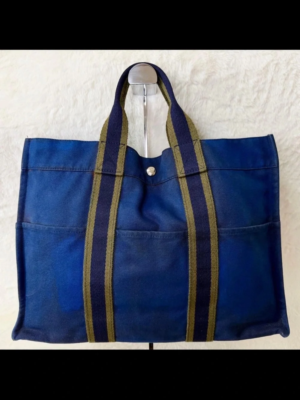 Hermes Navy Canvas Tote with Olive-Trim Straps
